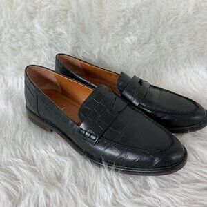 J. Mclaughlin Concetta Black Leather Croc Embossed Penny Loafers 9